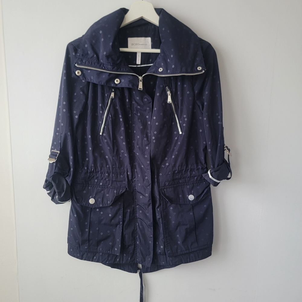 BCBG Generation women Navy Blue Polka Dot Hooded Lightweight Parka Jacket sz S